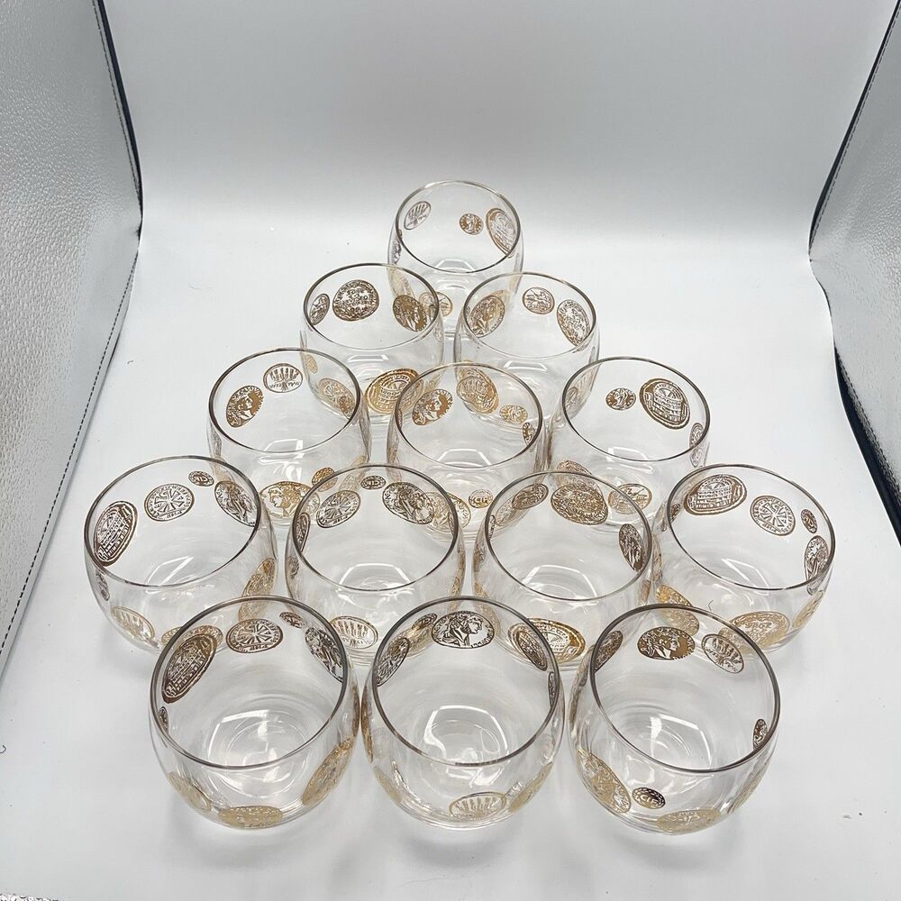Set Of 13 Vtg Federal Glass Gold Roma Coin Roly Poly 4 oz Clear Cocktail Glasses